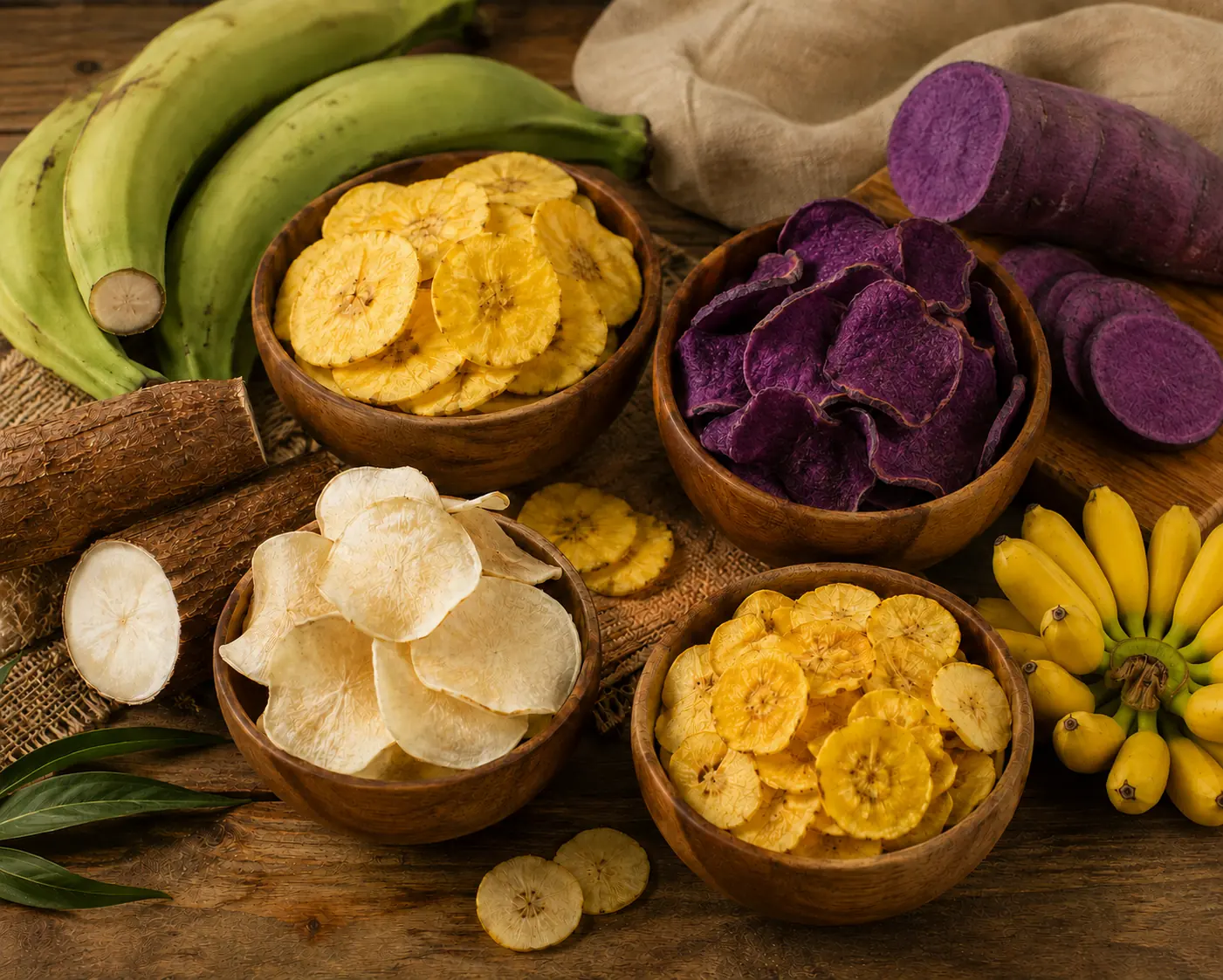Chifles de plátano, camote y yuca en cuencos de madera junto a sus materias primas