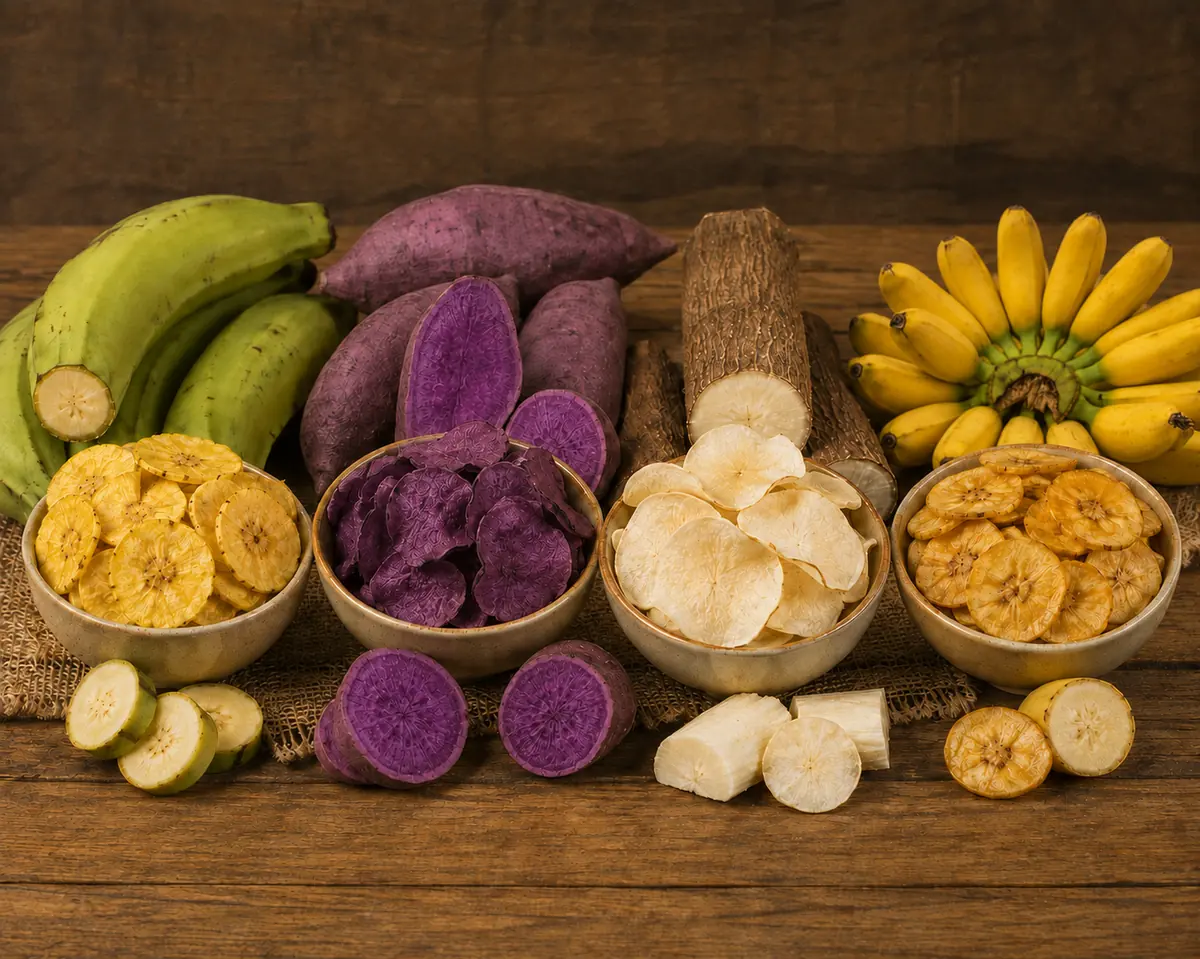 Chifles de plátano, camote, yuca y orito junto a sus materias primas